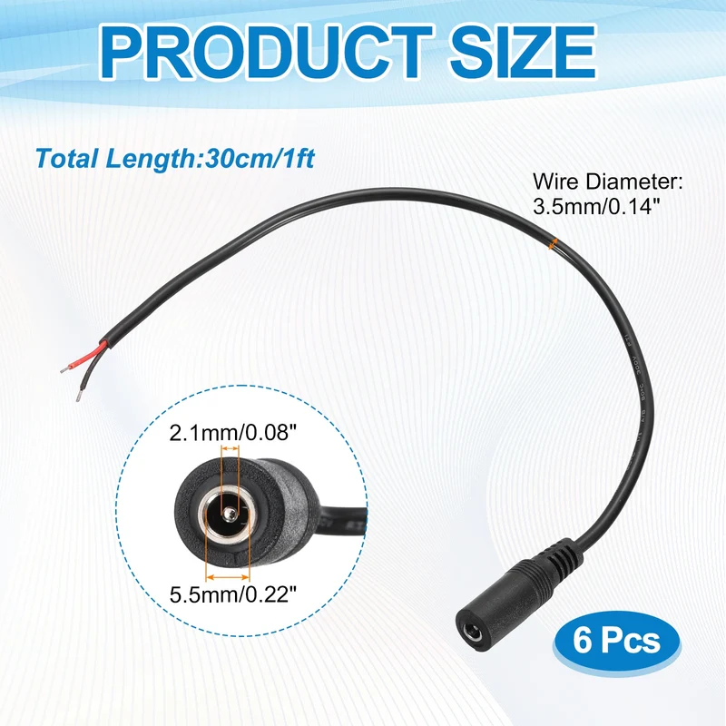 6Pcs DC Power Pigtail Cable, 30cm/1FT 22AWG 5.5x2.1mm FeMale Barrel Plug