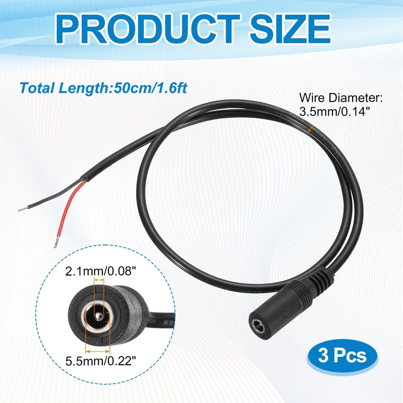 3Pcs DC Power Pigtail Cable, 50cm/1.6FT 22AWG 5.5x2.1mm FeMale Barrel Plug