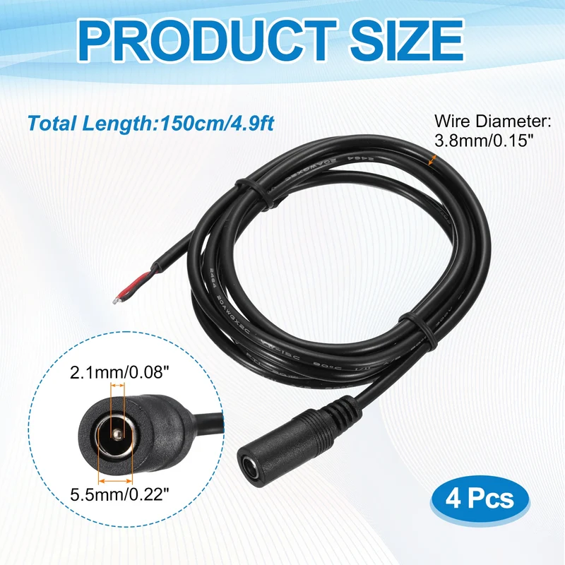 4Pcs DC Power Pigtail Cable, 150cm/4.9FT 20AWG 5.5x2.1mm FeMale Barrel Plug