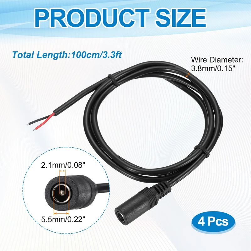 4Pcs DC Power Pigtail Cable, 100cm/3.3FT 20AWG 5.5x2.1mm FeMale Barrel Plug