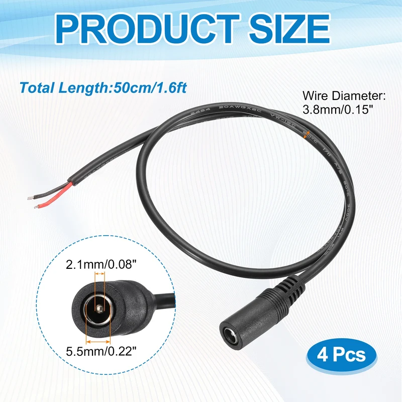 4Pcs DC Power Pigtail Cable, 50cm/1.6FT 20AWG 5.5x2.1mm FeMale Barrel Plug