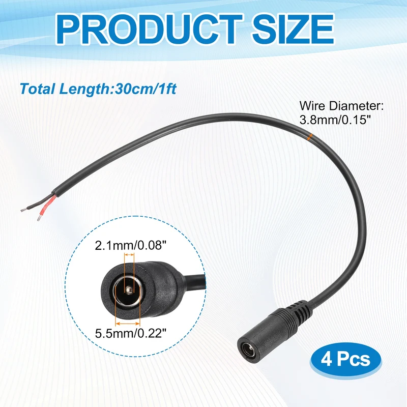 4Pcs DC Power Pigtail Cable, 30cm/1FT 20AWG 5.5x2.1mm FeMale Barrel Plug