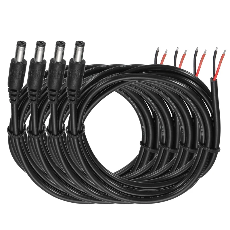 4Pcs DC Power Pigtail Cable, 150cm/4.9FT 20AWG 5.5x2.1mm Male Barrel Plug