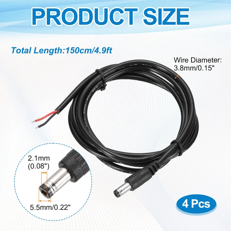 4Pcs DC Power Pigtail Cable, 150cm/4.9FT 20AWG 5.5x2.1mm Male Barrel Plug