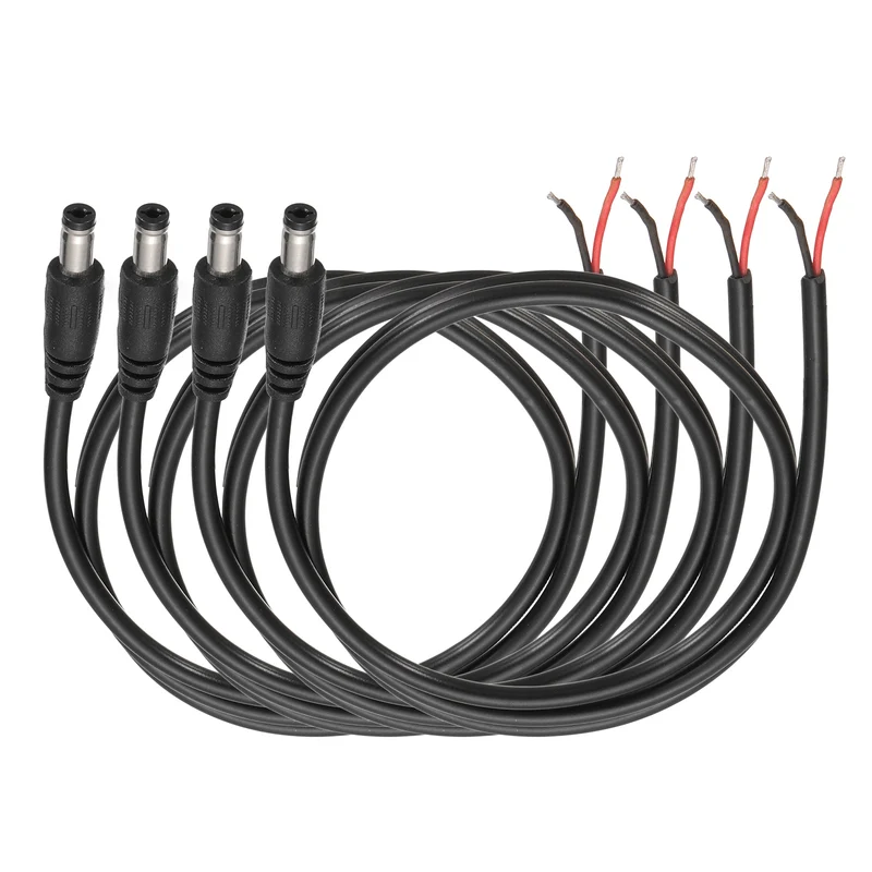 4Pcs DC Power Pigtail Cable, 100cm/3.3FT 20AWG 5.5x2.1mm Male Barrel Plug