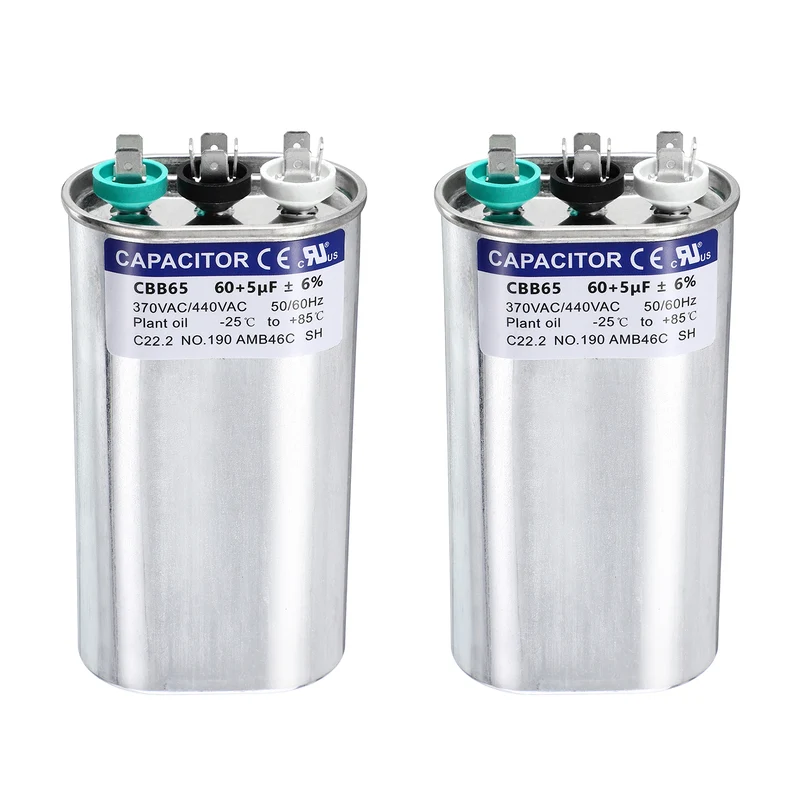2Pcs 60+5MFD CBB65 Run Start Capacitor 60+5uF 370/440V Oval AC Capacitor