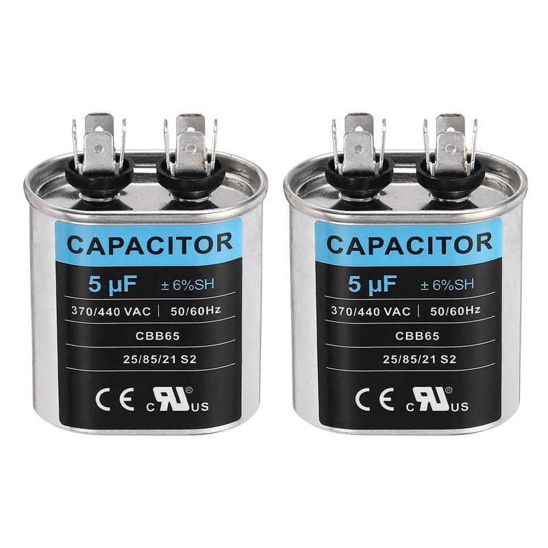 2Pcs 5MFD CBB65 Run Start Capacitor 5uF 370/440V Oval AC Capacitor
