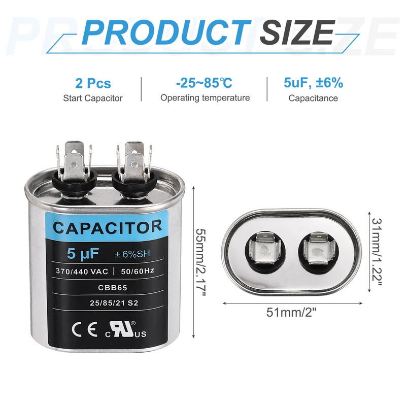 2Pcs 5MFD CBB65 Run Start Capacitor 5uF 370/440V Oval AC Capacitor