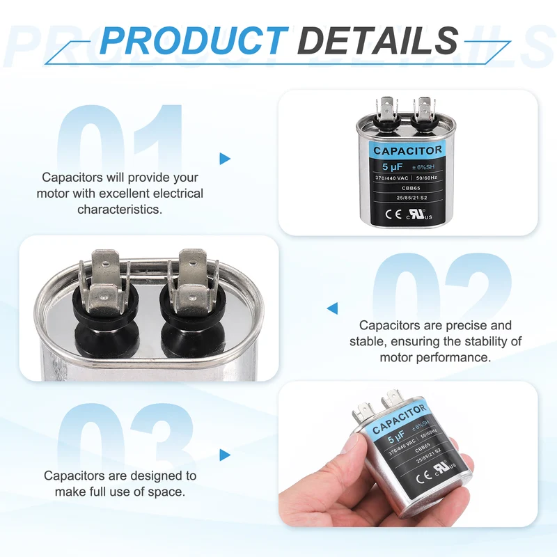 2Pcs 5MFD CBB65 Run Start Capacitor 5uF 370/440V Oval AC Capacitor