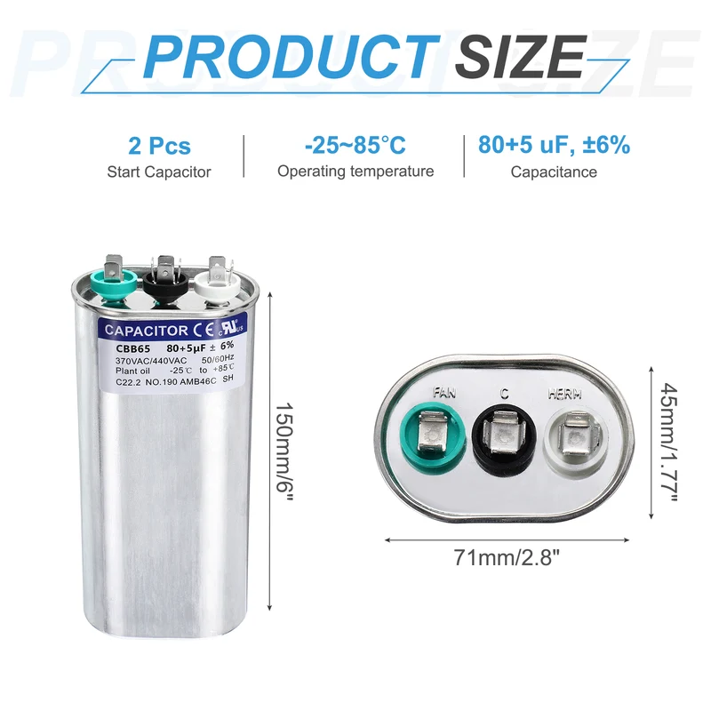 2Pcs 80+5MFD CBB65 Run Start Capacitor 80+5uF 370/440V Oval AC Capacitor