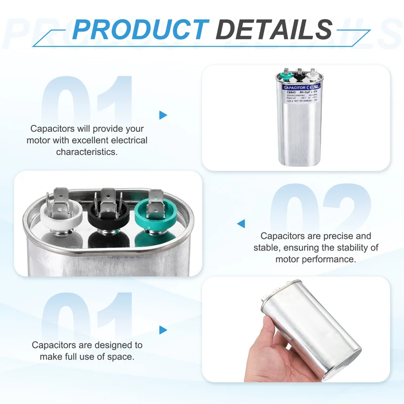 2Pcs 80+5MFD CBB65 Run Start Capacitor 80+5uF 370/440V Oval AC Capacitor