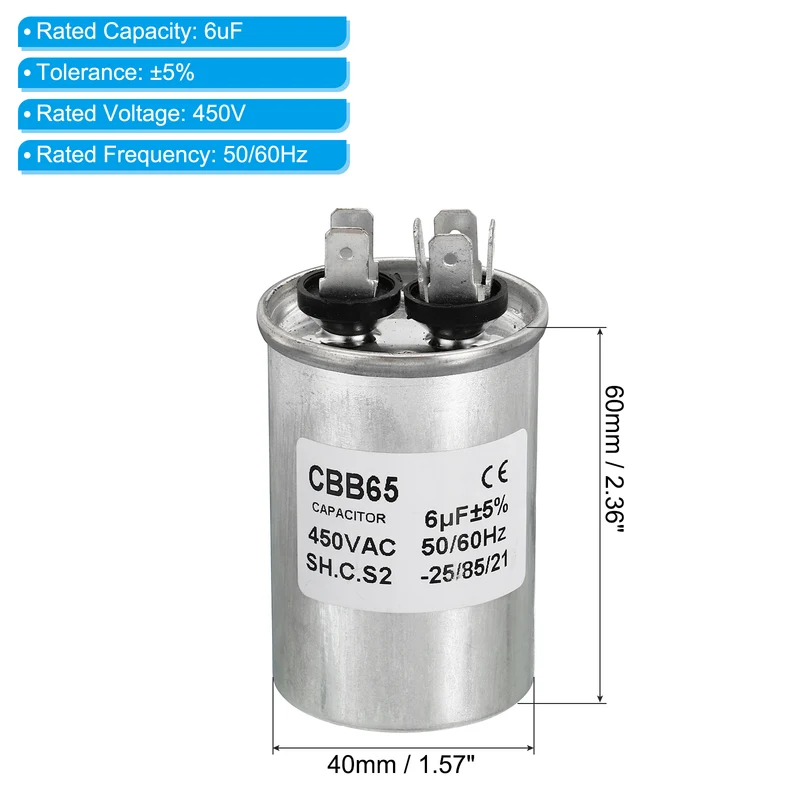 CBB65 6uF Run Capacitor 6mfd AC 450V Aluminum Case with 2 Terminal