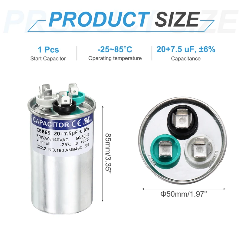 20+7.5MFD CBB65 Run Start Capacitor 20+7.5uF, 370/440V Round AC Capacitor