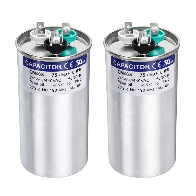 2Pcs 75+5MFD CBB65 Run Start Capacitor 75+5uF 370/440V Round AC Capacitor