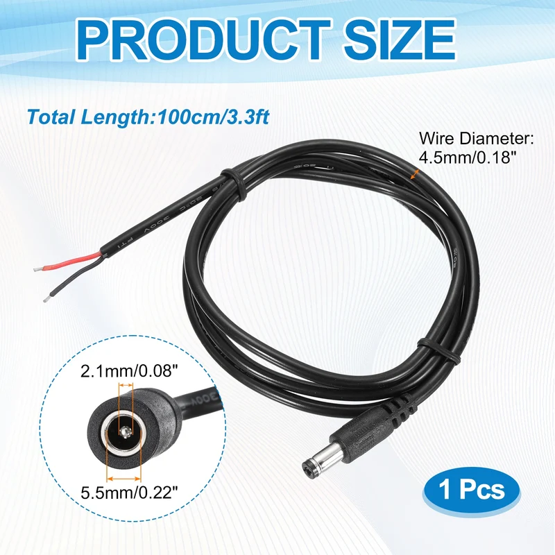 DC Power Pigtail Cable, 100cm/3.3FT 18AWG 5.5x2.1mm FeMale Barrel Plug