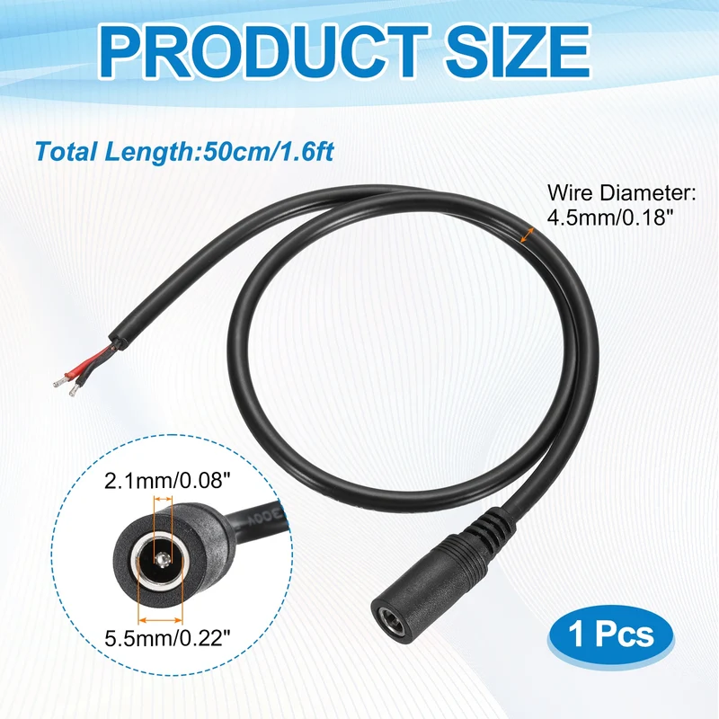 DC Power Pigtail Cable, 50cm/1.6FT 18AWG 5.5x2.1mm FeMale Barrel Plug