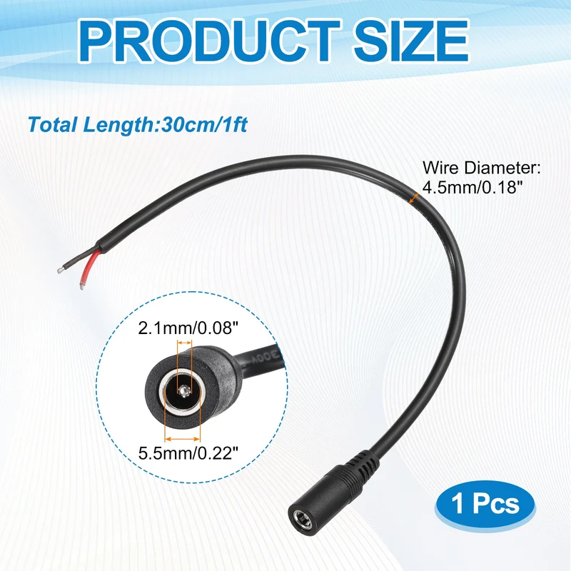 DC Power Pigtail Cable, 30cm/1FT 18AWG 5.5x2.1mm FeMale Barrel Plug