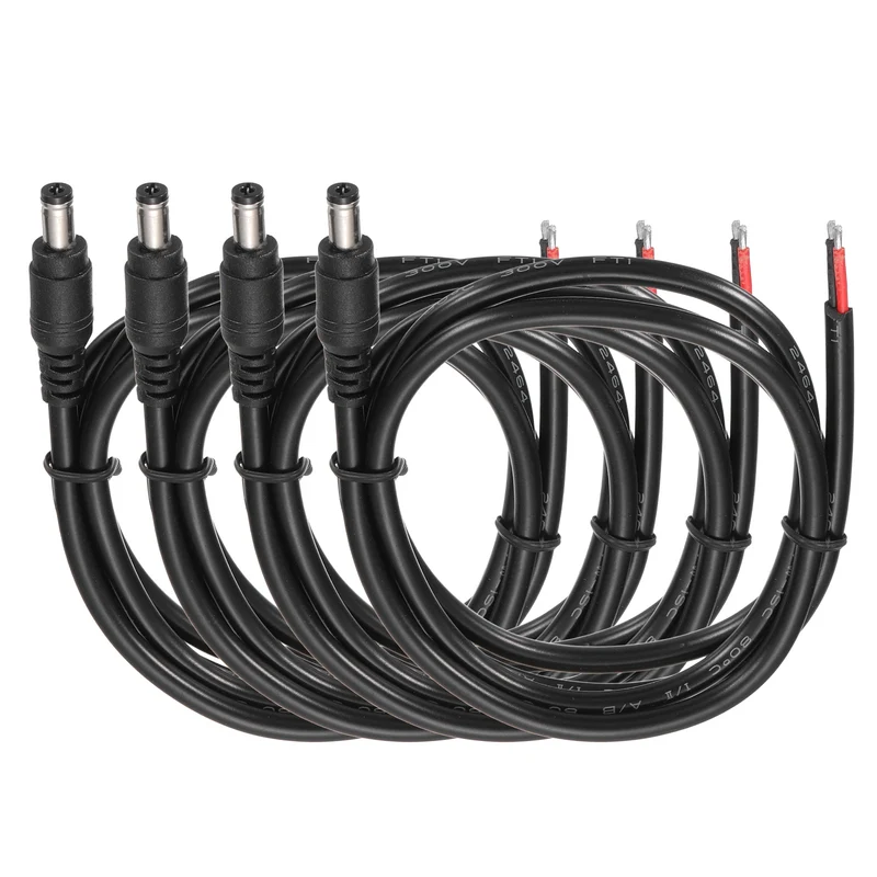 4Pcs DC Power Pigtail Cable, 100cm/3.3FT 18AWG 5.5x2.1mm Male Barrel Plug