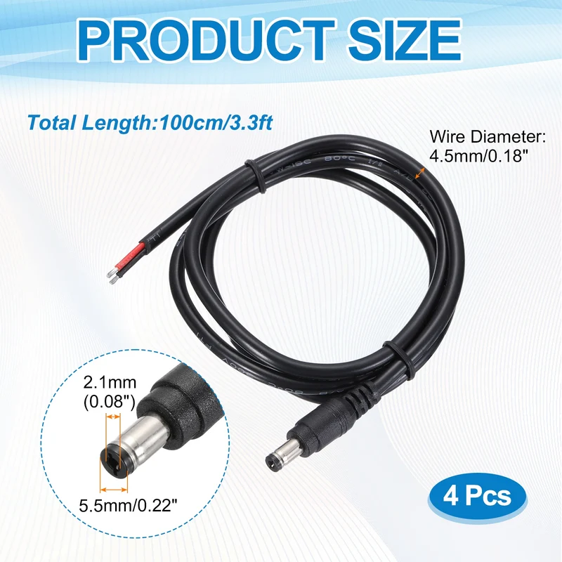 4Pcs DC Power Pigtail Cable, 100cm/3.3FT 18AWG 5.5x2.1mm Male Barrel Plug