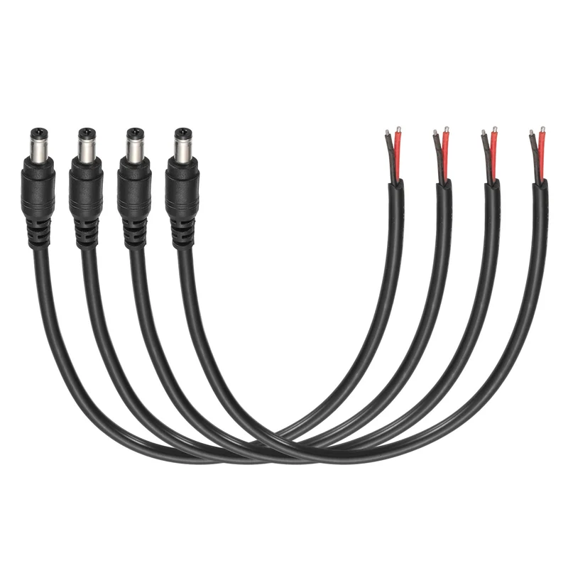4Pcs DC Power Pigtail Cable, 30cm/1FT 18AWG 5.5x2.1mm Male Barrel Plug