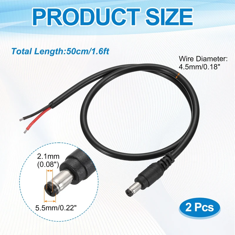 2Pcs DC Power Pigtail Cable, 50cm/1.6FT 18AWG 5.5x2.1mm Male Barrel Plug
