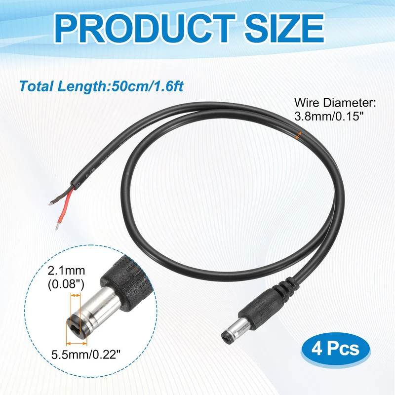 4Pcs DC Power Pigtail Cable, 50cm/1.6FT 20AWG 5.5x2.1mm Male Barrel Plug