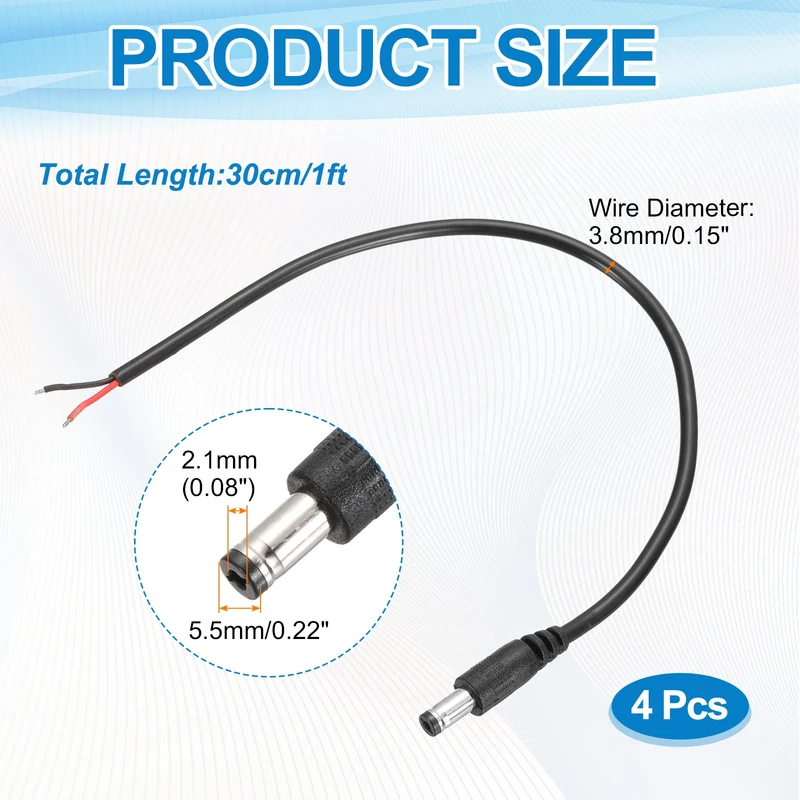 4Pcs DC Power Pigtail Cable, 30cm/1FT 20AWG 5.5x2.1mm Male Barrel Plug