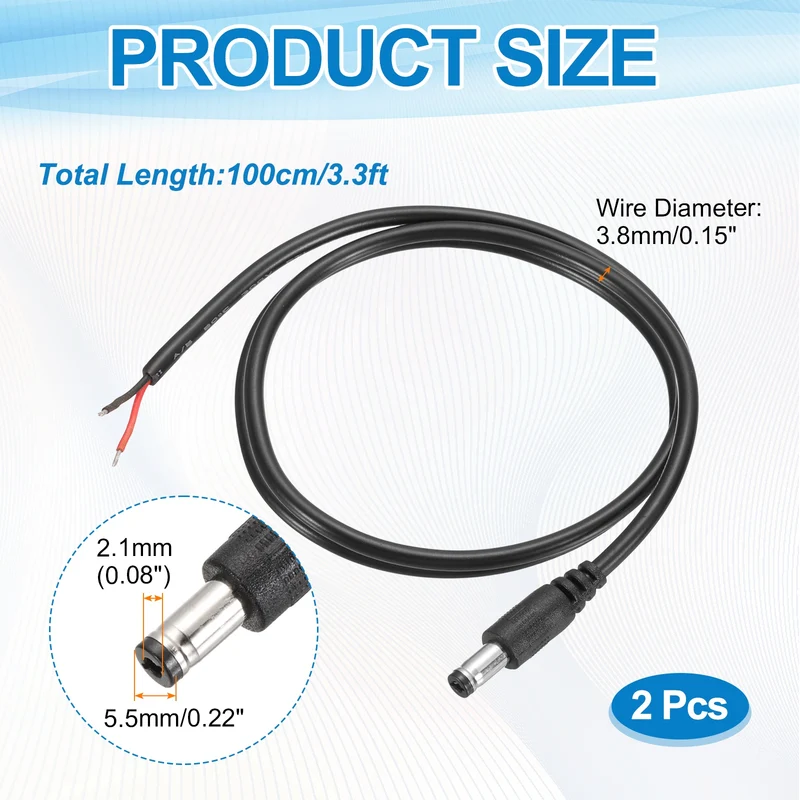2Pcs DC Power Pigtail Cable, 100cm/3.3FT 20AWG 5.5x2.1mm Male Barrel Plug