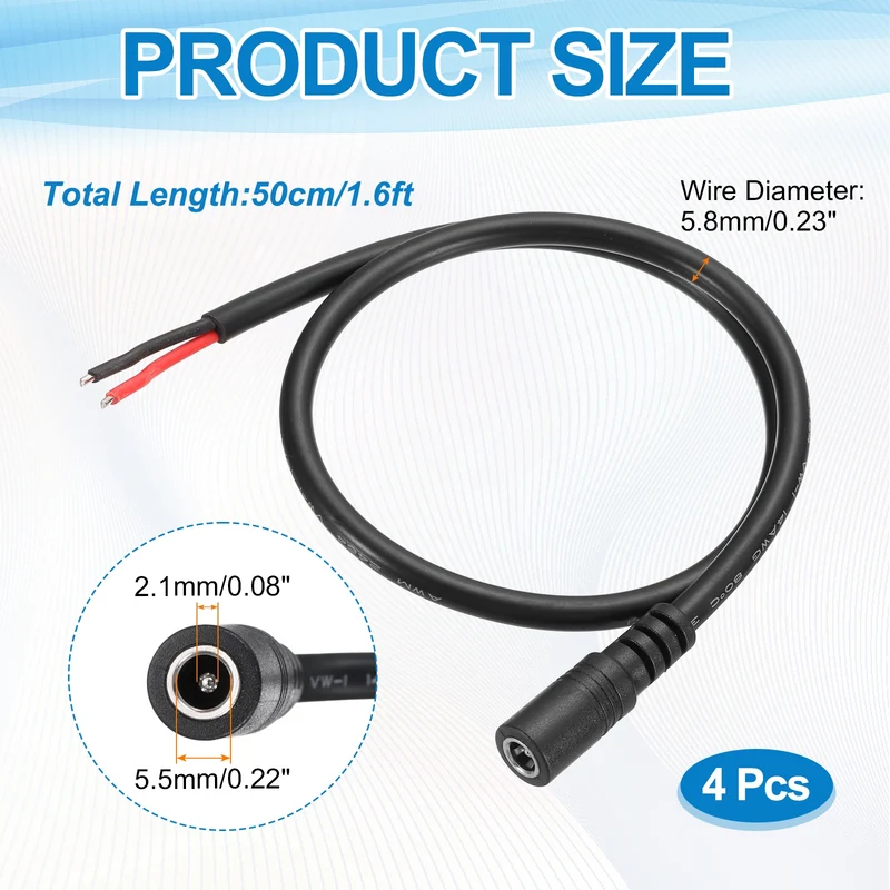 4Pcs DC Power Pigtail Cable, 50cm/1.6FT 14AWG 5.5x2.1mm FeMale Barrel Plug