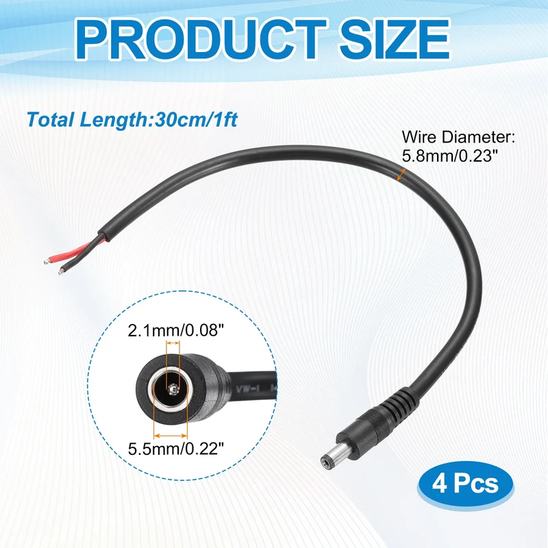 4Pcs DC Power Pigtail Cable, 30cm/1FT 14AWG 5.5x2.1mm FeMale Barrel Plug