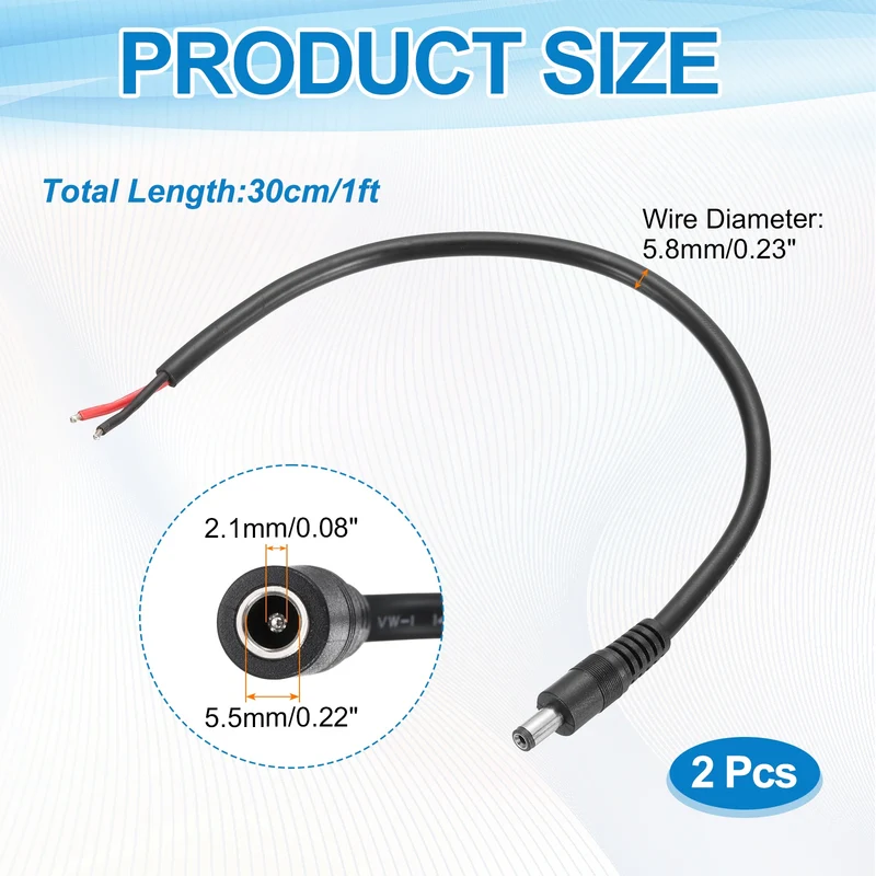 2Pcs DC Power Pigtail Cable, 30cm/1FT 14AWG 5.5x2.1mm FeMale Barrel Plug