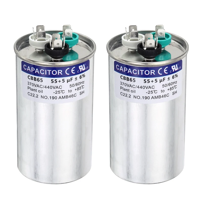 2Pcs 55+5MFD CBB65 Run Start Capacitor 55+5uF 370/440V Round AC Capacitor