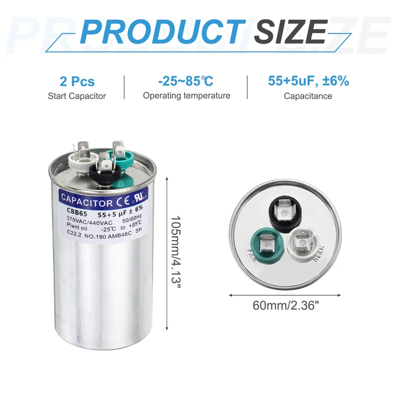 2Pcs 55+5MFD CBB65 Run Start Capacitor 55+5uF 370/440V Round AC Capacitor