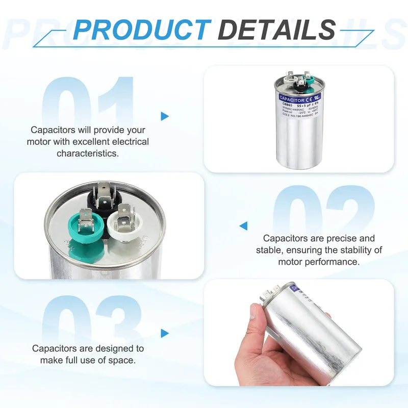 2Pcs 55+5MFD CBB65 Run Start Capacitor 55+5uF 370/440V Round AC Capacitor