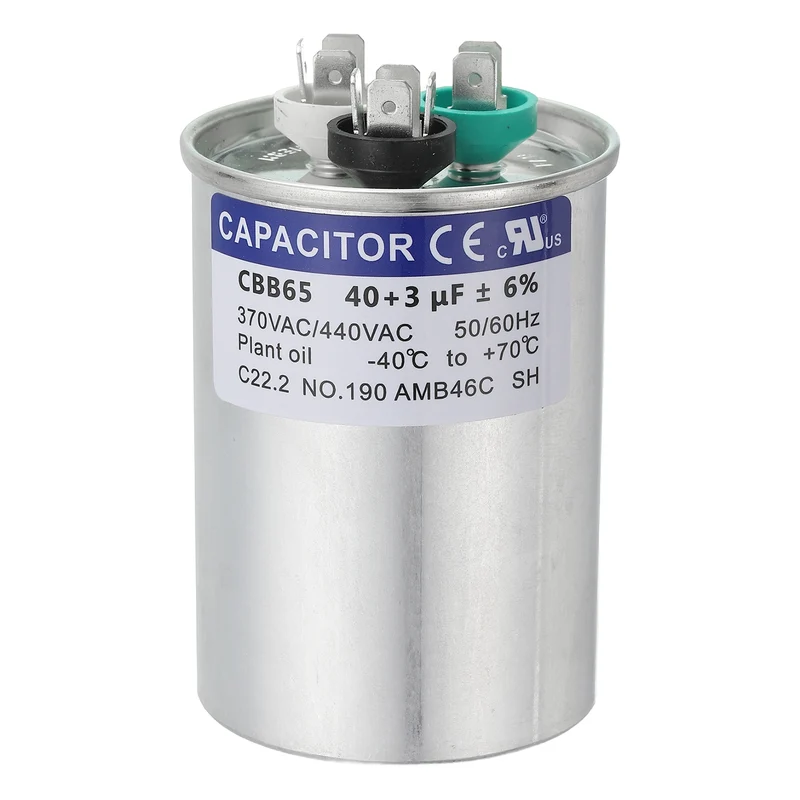 CBB65 Capacitor, 40+3uF 370-440 VAC 50/60Hz Aluminium Round Capacitor