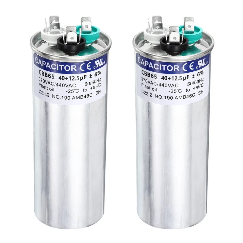 2Pcs 40+12.5MFD CBB65 Run Start Capacitor 40+12.5uF, 370/440V Round AC Capacitor