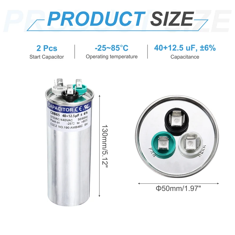 2Pcs 40+12.5MFD CBB65 Run Start Capacitor 40+12.5uF, 370/440V Round AC Capacitor