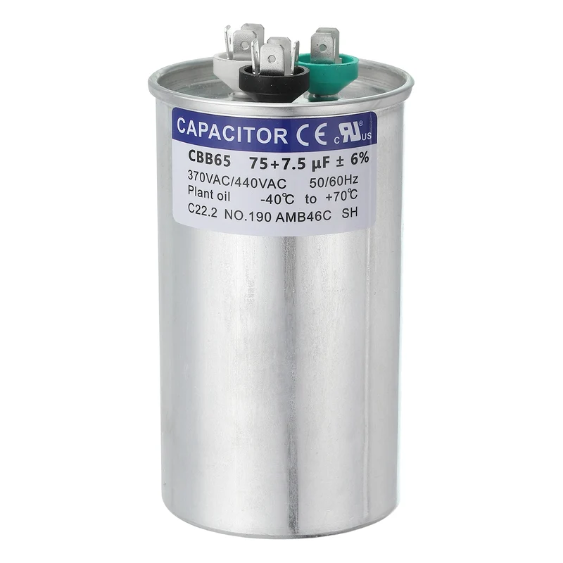 CBB65 Capacitor, 75+7.5uF 370-440 VAC 50/60Hz Aluminium Round Capacitor