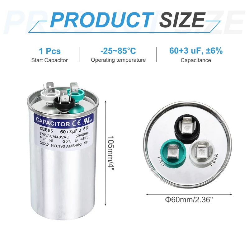 60+3MFD CBB65 Run Start Capacitor 60+3uF 370/440V Round AC Capacitor