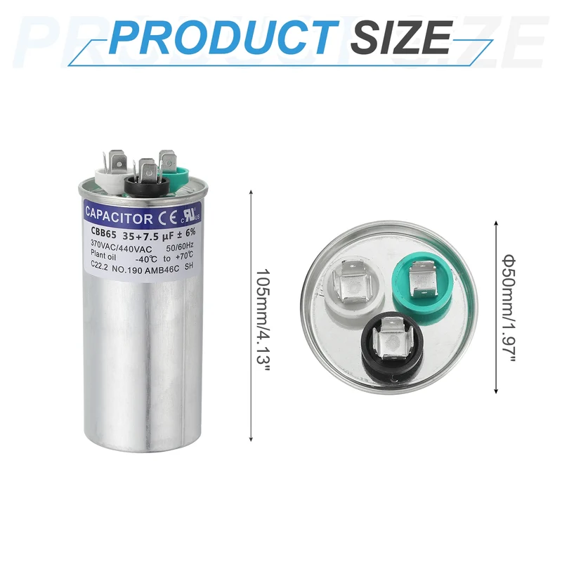 CBB65 Capacitor, 35+7.5uF 370-440 VAC 50/60Hz Aluminium Round Capacitor