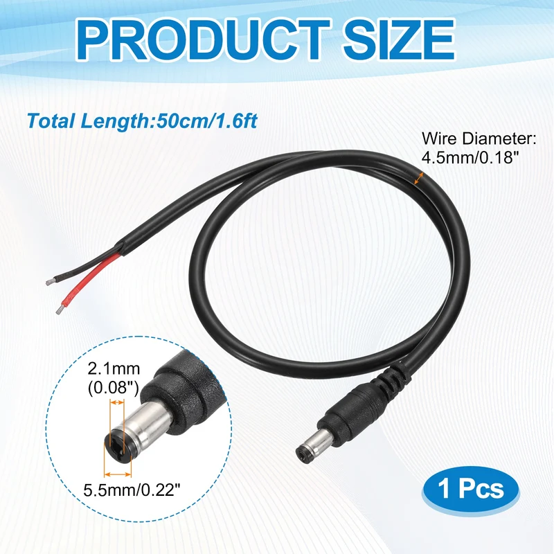 DC Power Pigtail Cable, 50cm/1.6FT 18AWG 5.5x2.1mm Male Barrel Plug