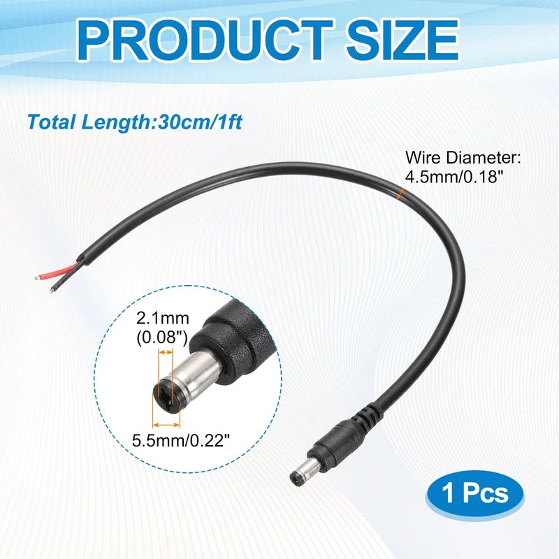 DC Power Pigtail Cable, 30cm/1FT 18AWG 5.5x2.1mm Male Barrel Plug