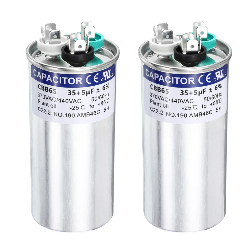 2Pcs 35+5MFD CBB65 Run Start Capacitor 35+5uF, 370/440V Round AC Capacitor