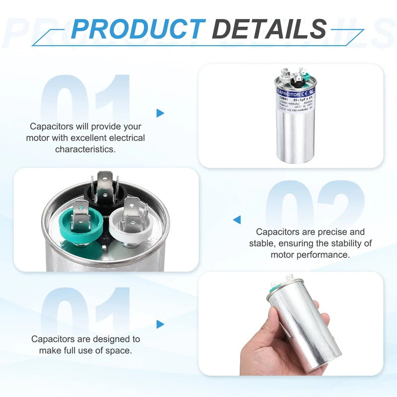 2Pcs 35+5MFD CBB65 Run Start Capacitor 35+5uF, 370/440V Round AC Capacitor