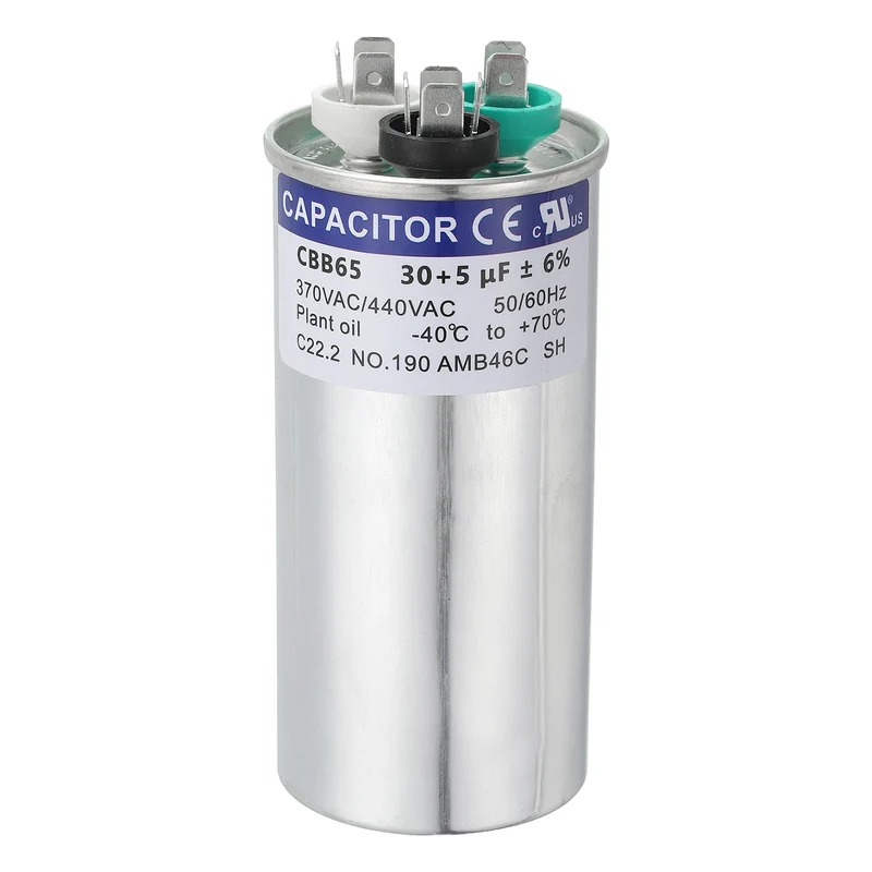 CBB65 Capacitor, 30+5uF 370-440 VAC 50/60Hz Aluminium Round Capacitor