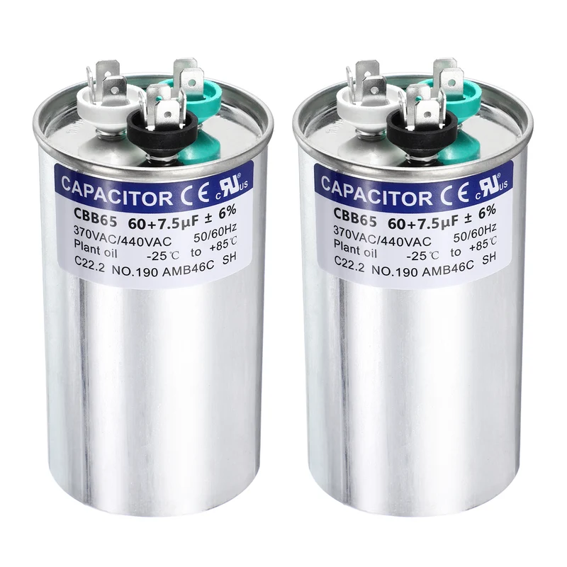 2Pcs 60+7.5MFD CBB65 Run Start Capacitor 60+7.5uF 370/440V Round AC Capacitor