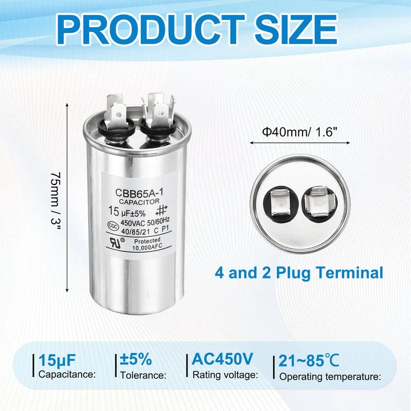 1 Pcs CBB65 Run Capacitor, Aluminum Case, 450V 15 F 5%