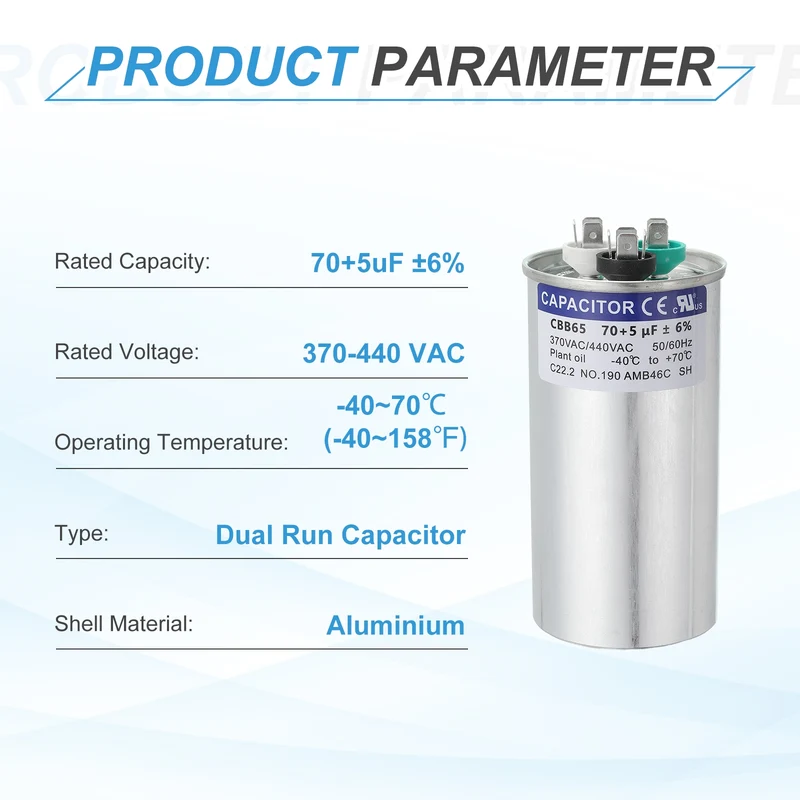CBB65 Capacitor, 70+5uF 370-440 VAC 50/60Hz Aluminium Round Capacitor