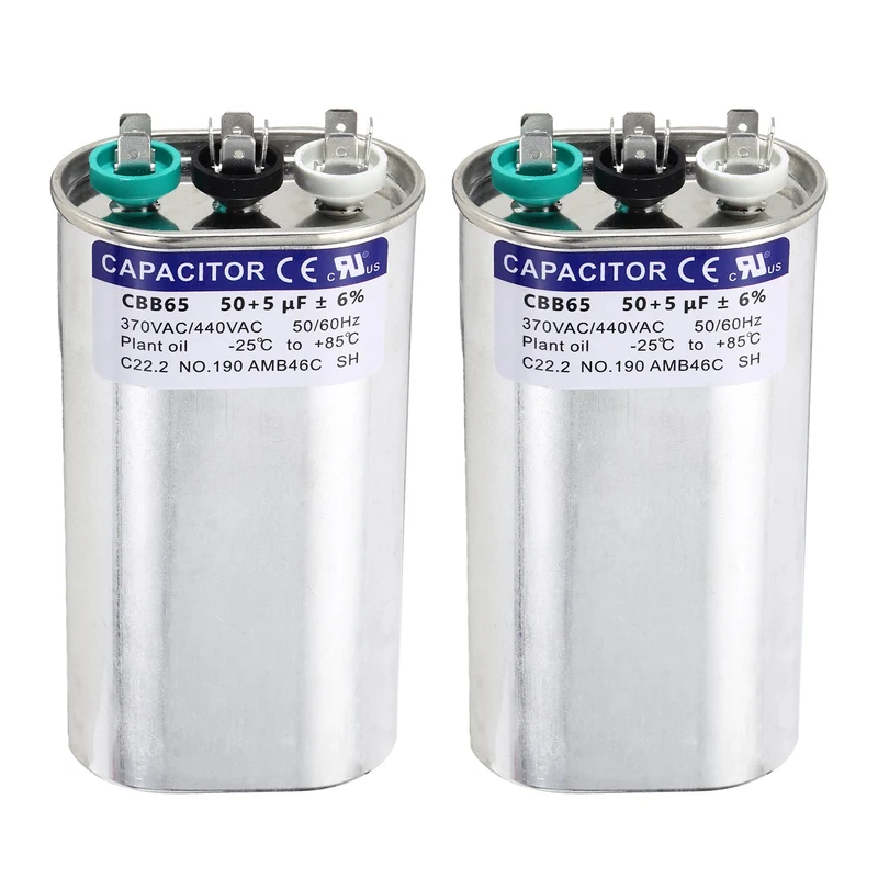 2Pcs 50+5MFD CBB65 Run Start Capacitor 50+5uF 370/440V Oval AC Capacitor