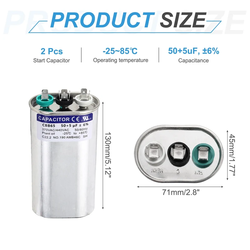 2Pcs 50+5MFD CBB65 Run Start Capacitor 50+5uF 370/440V Oval AC Capacitor